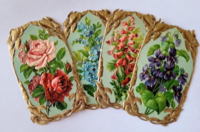 4 c1880s French Die Cut Perfume Cosmetic Labels LARGE