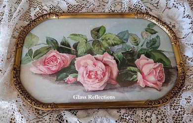 Bullis pink roses vintage print antique convex glass frame