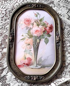 T McLennan vintage roses print antique barbola convex glass frame