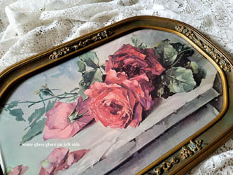 c klein pink vintage roses print antique convex bubble glass frame