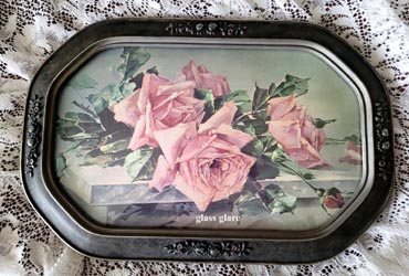 C Klein pink roses antique convex glass frame