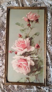 C Klein vintage pink roses print old frame rosebuds corners