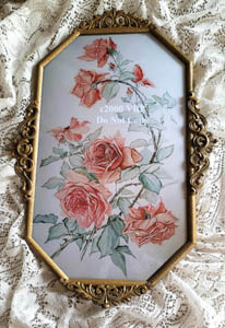 C Klein pink roses vintage print antique convex glass frame