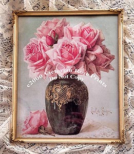 Paul de Longpre pink roses vase vintage print old frame