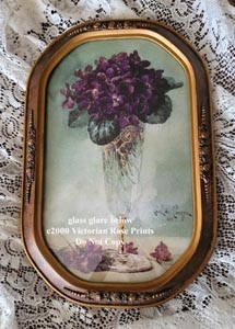 Paul de Longpre violets vintage print antique barbola convex glass frame