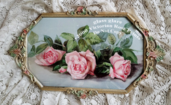 Bullis vintage pink roses print fancy antique convex glass frame
