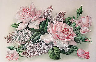 pink cabbage roses and lilacs print C Klein