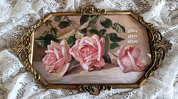 Patty Thum vintage pink roses print antique convex glass frame